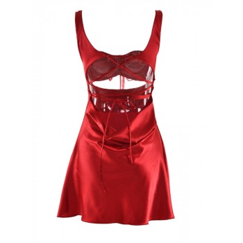  Satin Hollow Out Draw String Chest Wrapping Mini Dress Black Red White